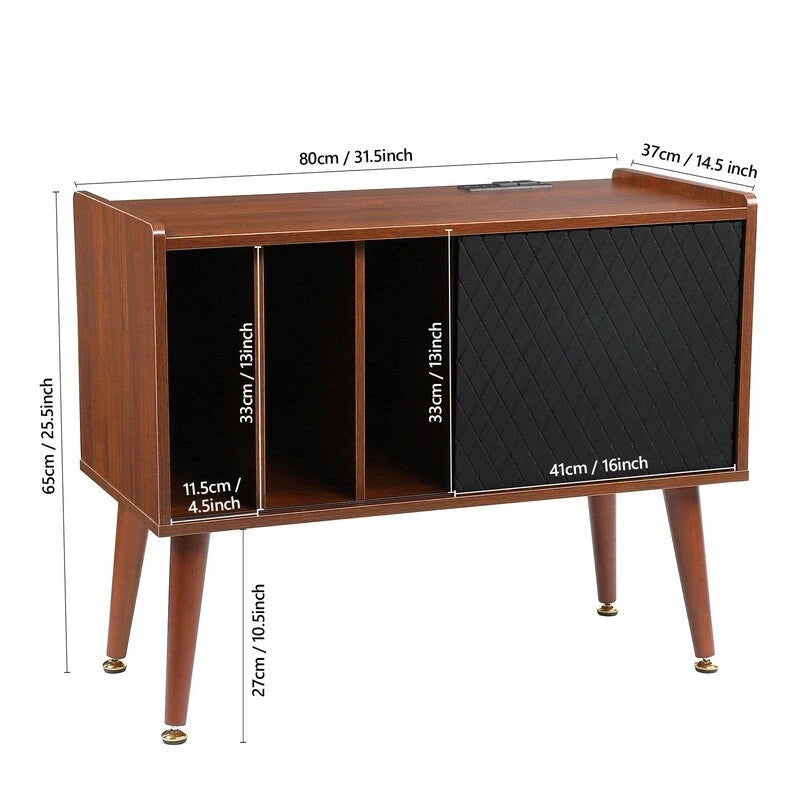 Brown Vinyl Record Player Stand Storage Cabinet with Charging Station