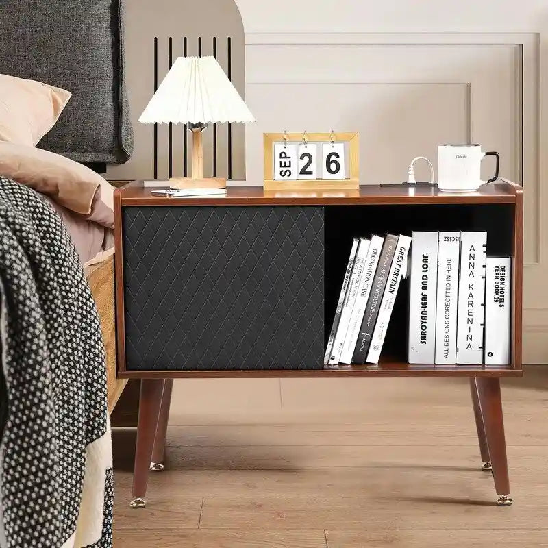 Brown Vinyl Record Player Stand Storage Cabinet with Charging Station