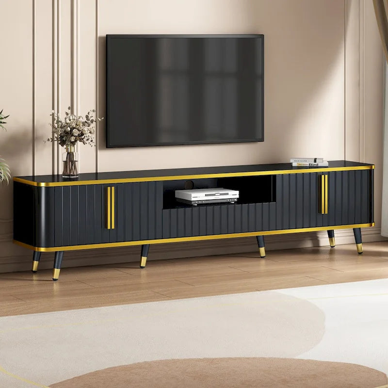 Moderner TV-Ständer in Schwarz mit Schrank, goldfarbenem Rand und Eisenbeinen, passend für bis zu 85 Zoll