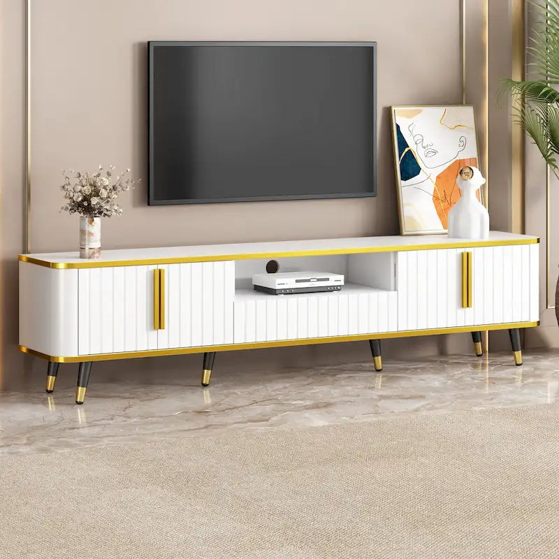 Black Modern TV Stand Cabinet Gold Trim Iron Legs Fits Up to 85 Inch