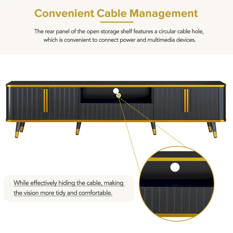 Black Modern TV Stand Cabinet Gold Trim Iron Legs Fits Up to 85 Inch