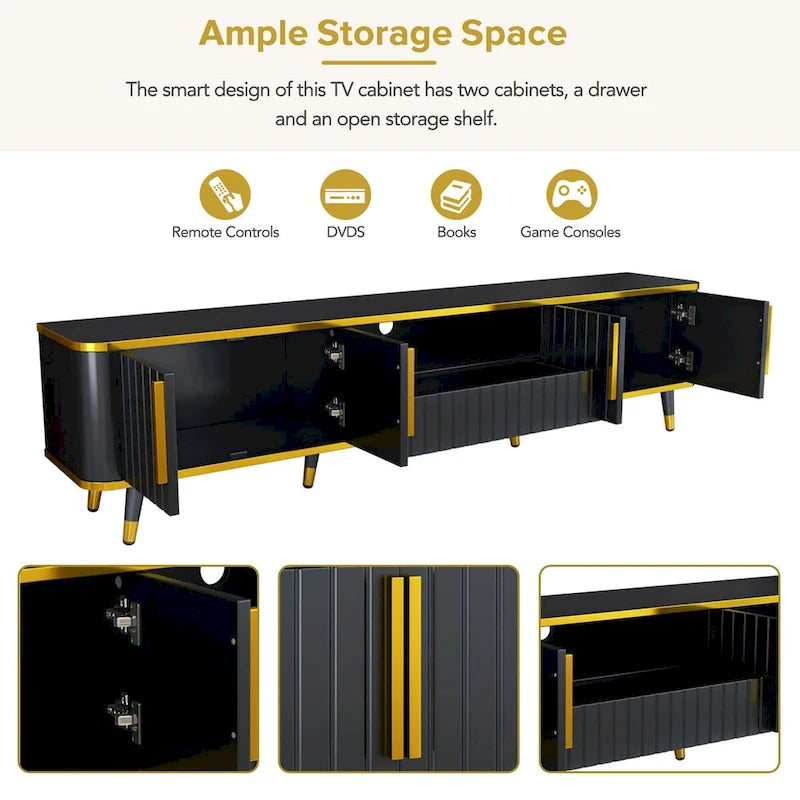 Black Modern TV Stand Cabinet Gold Trim Iron Legs Fits Up to 85 Inch