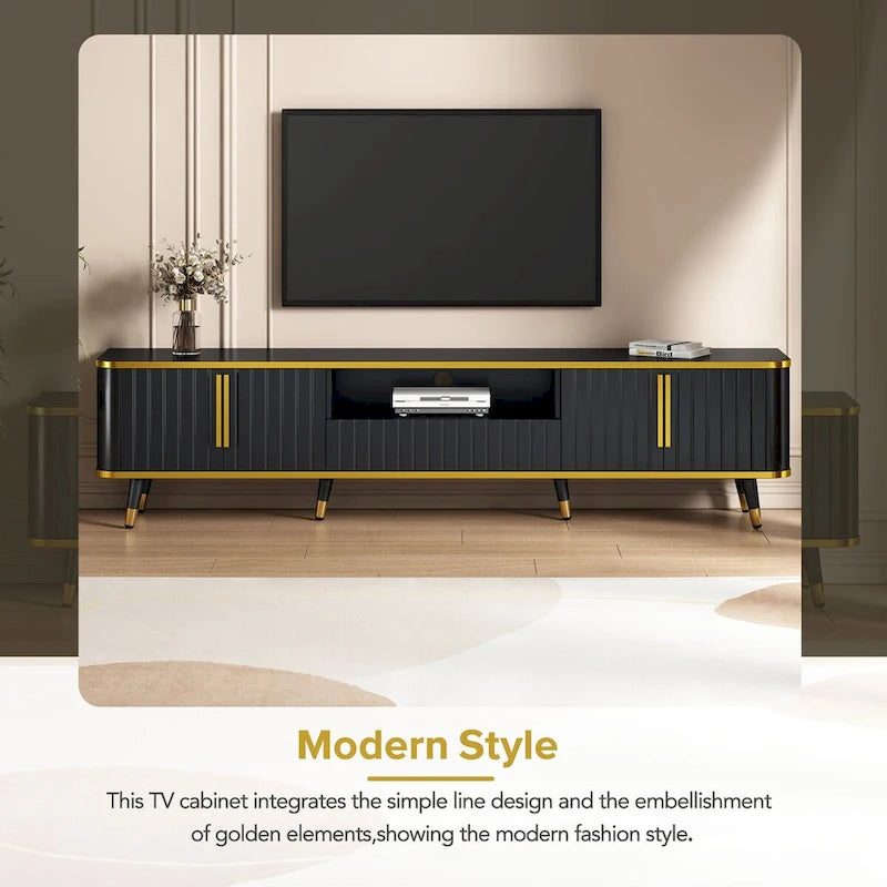 Black Modern TV Stand Cabinet Gold Trim Iron Legs Fits Up to 85 Inch