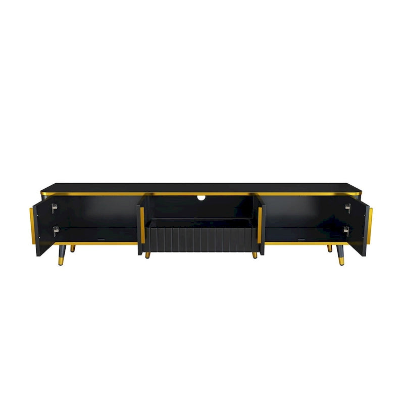 Moderner TV-Ständer in Schwarz mit Schrank, goldfarbenem Rand und Eisenbeinen, passend für bis zu 85 Zoll