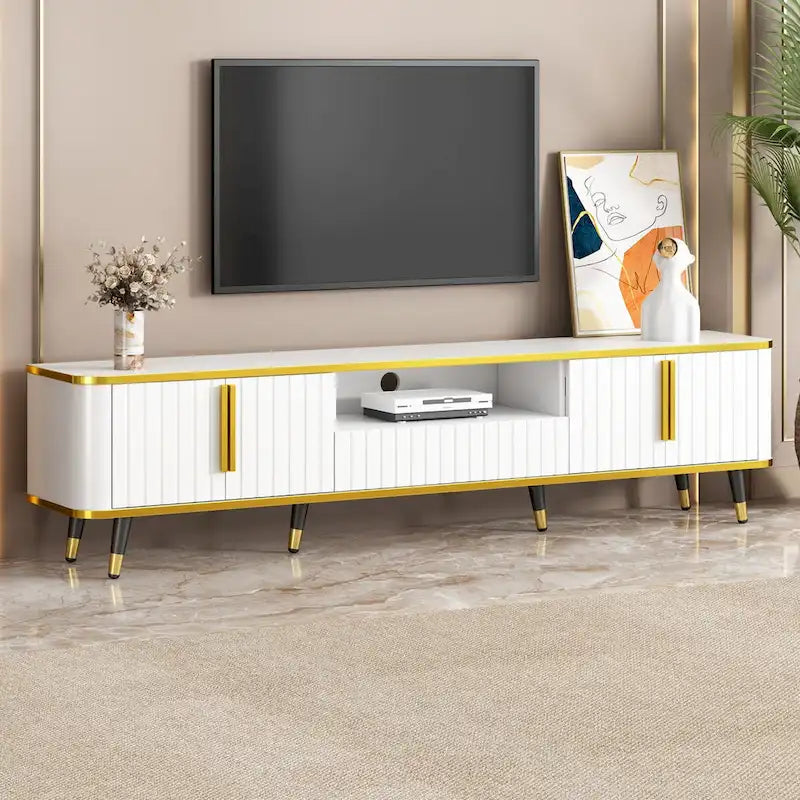 Moderner TV-Ständer in Schwarz mit Schrank, goldfarbenem Rand und Eisenbeinen, passend für bis zu 85 Zoll