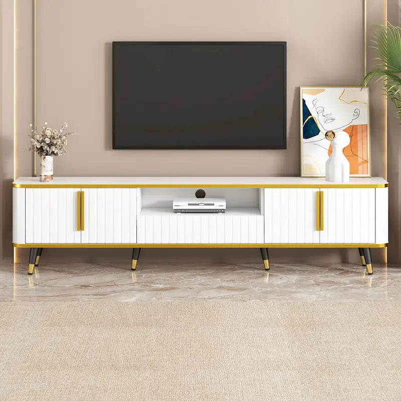 Moderner TV-Ständer in Schwarz mit Schrank, goldfarbenem Rand und Eisenbeinen, passend für bis zu 85 Zoll