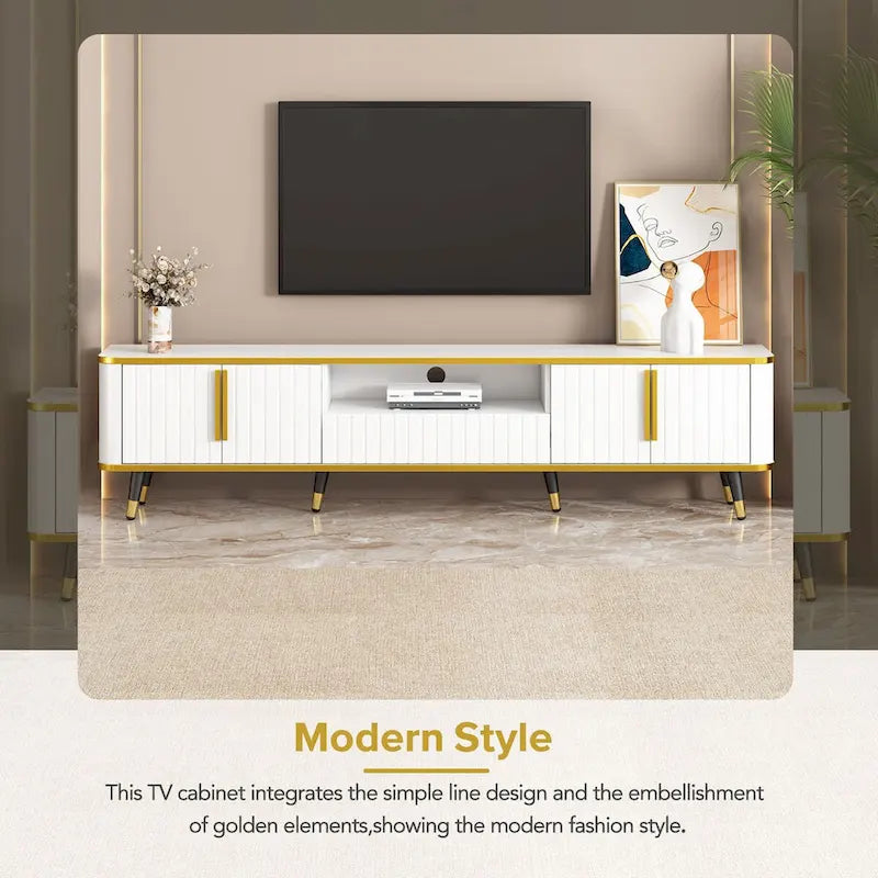 Moderner TV-Ständer in Schwarz mit Schrank, goldfarbenem Rand und Eisenbeinen, passend für bis zu 85 Zoll