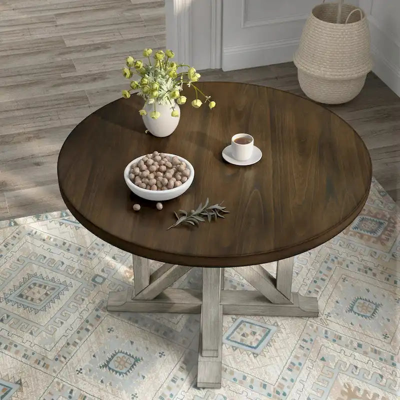Dark Walnut Round Dining Table Antique White Trestle Pedestal Base Rubberwood 47 Inch Farmhouse