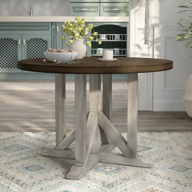 Runder Esstisch in dunklem Walnusston, antikweiße Säulenfußbasis, Gummibaumholz, 47 Inch, Landhausstil