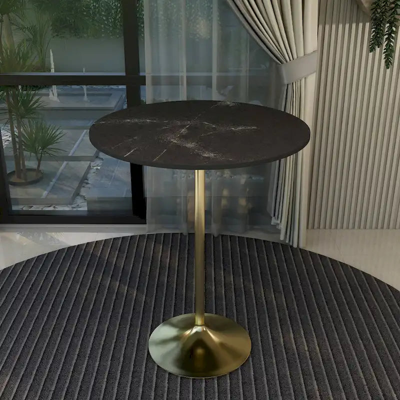 Black Marble MDF Round Bar Dining Table Brushed Gold Tulip Pedestal
