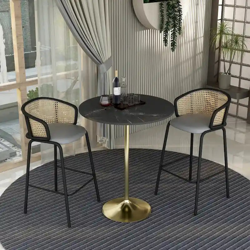 Black Marble MDF Round Bar Dining Table Brushed Gold Tulip Pedestal