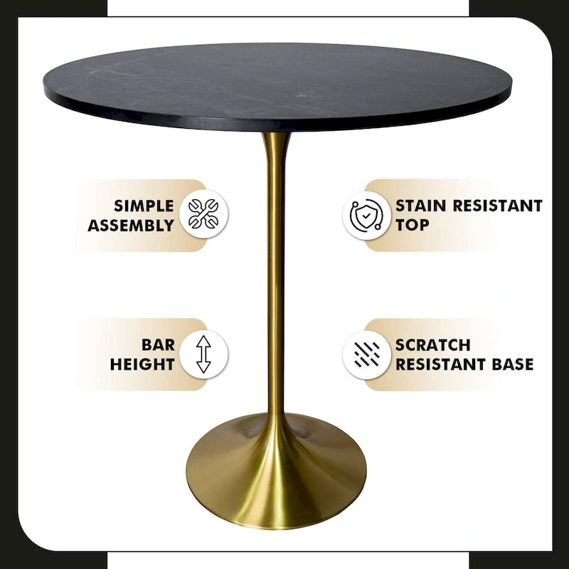 Black Marble MDF Round Bar Dining Table Brushed Gold Tulip Pedestal