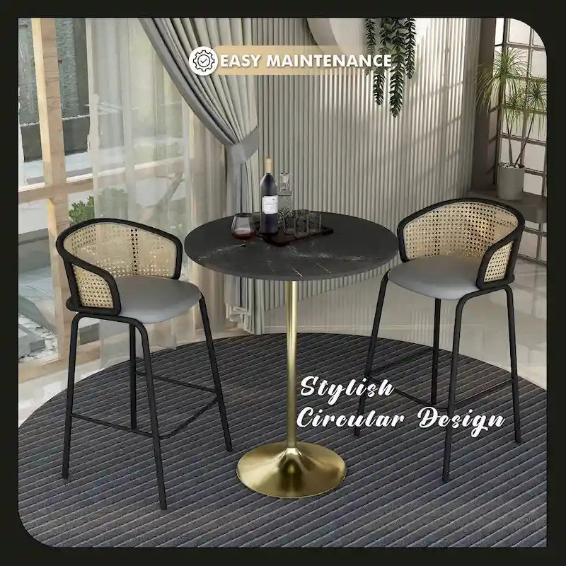 Black Marble MDF Round Bar Dining Table Brushed Gold Tulip Pedestal