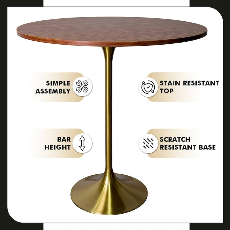 Black Marble MDF Round Bar Dining Table Brushed Gold Tulip Pedestal