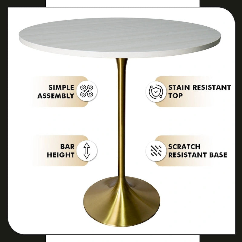 Black Marble MDF Round Bar Dining Table Brushed Gold Tulip Pedestal