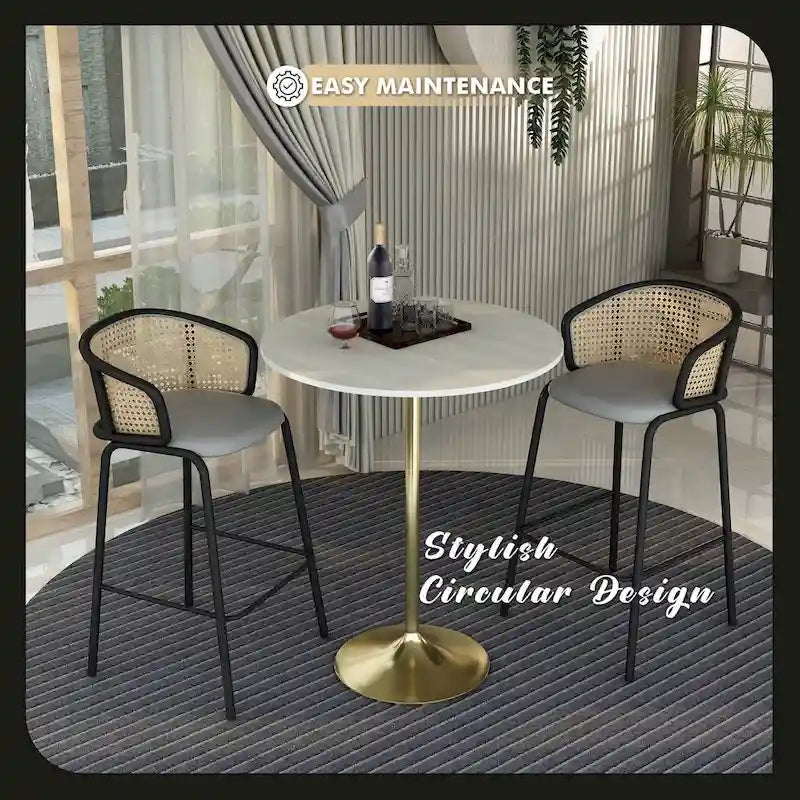 Black Marble MDF Round Bar Dining Table Brushed Gold Tulip Pedestal