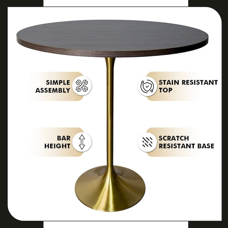 Black Marble MDF Round Bar Dining Table Brushed Gold Tulip Pedestal