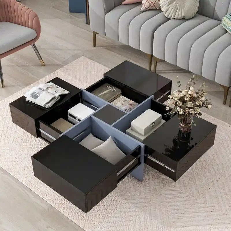 Brown Wood Grain Coffee Table 4 Sliding Panels Hidden Storage Compartments Square