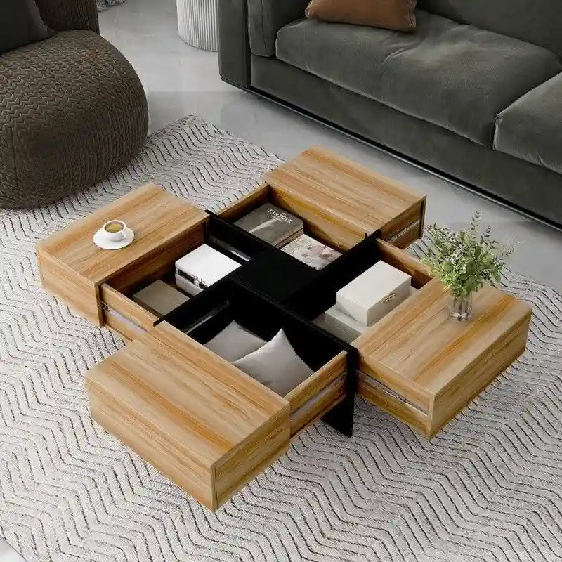 Brown Wood Grain Coffee Table 4 Sliding Panels Hidden Storage Compartments Square