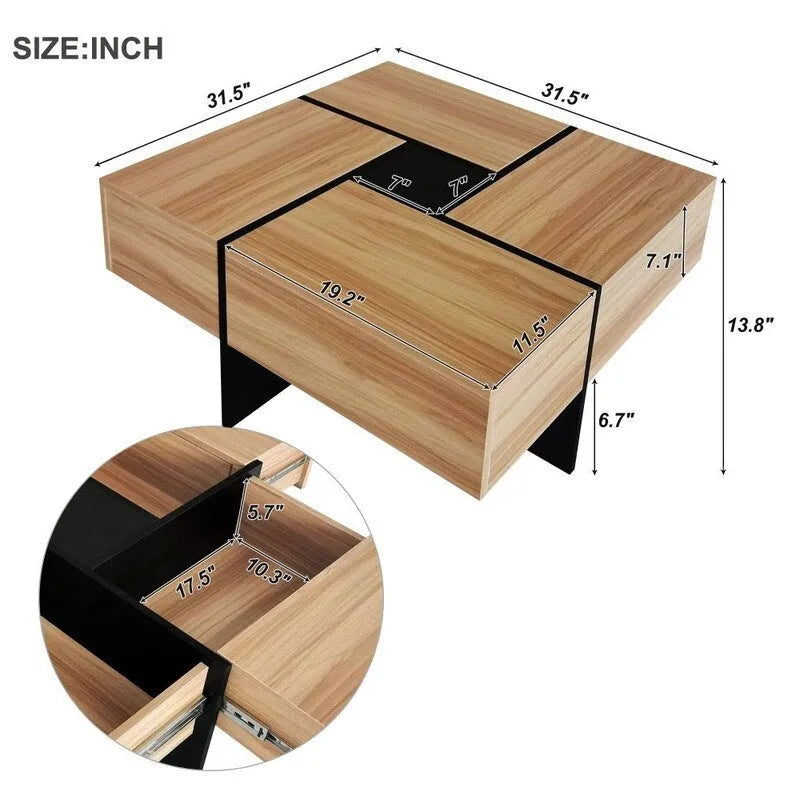 Brown Wood Grain Coffee Table 4 Sliding Panels Hidden Storage Compartments Square