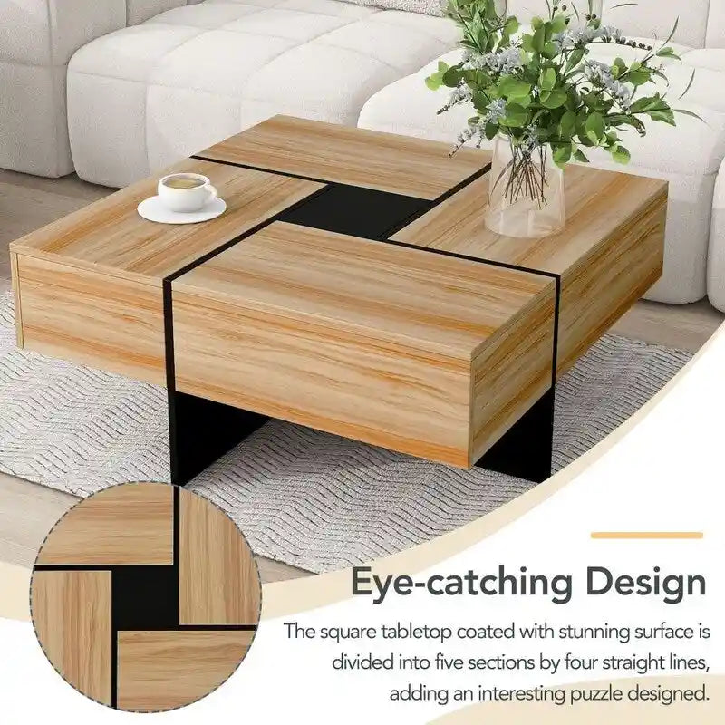 Brown Wood Grain Coffee Table 4 Sliding Panels Hidden Storage Compartments Square