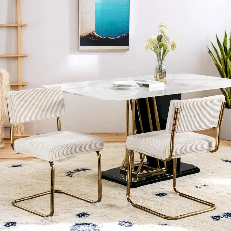 Beige Corduroy Dining Chairs Set of 2 Gold Cantilever C-Frame No Armrest High Density Foam
