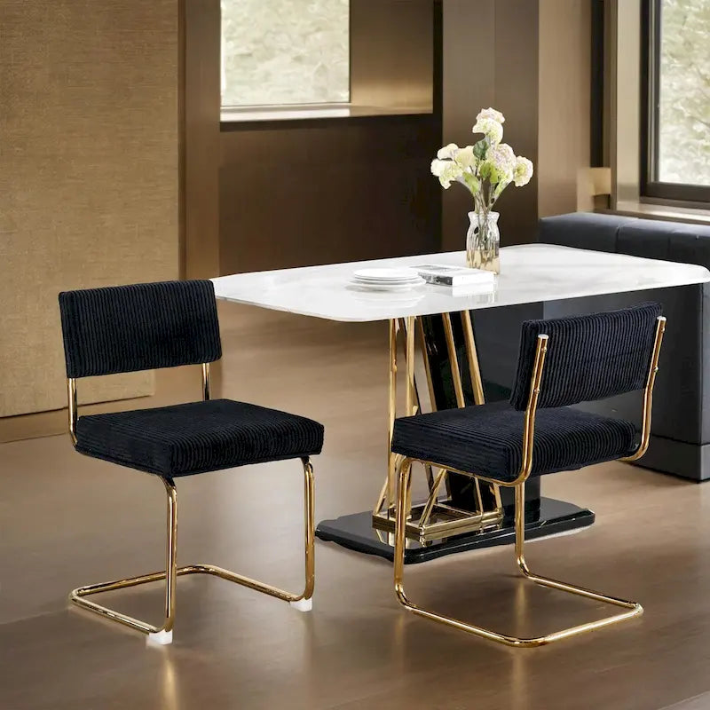 Beige Corduroy Dining Chairs Set of 2 Gold Cantilever C-Frame No Armrest High Density Foam