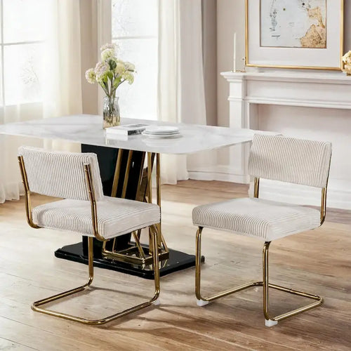 Beige Corduroy Dining Chairs Set of 2 Gold Cantilever C-Frame No Armrest High Density Foam