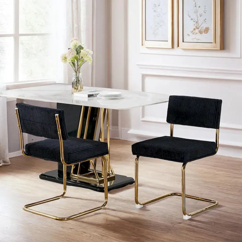 Beige Corduroy Dining Chairs Set of 2 Gold Cantilever C-Frame No Armrest High Density Foam